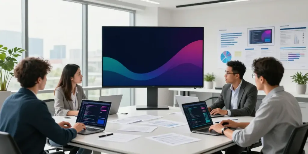 A diverse team discussing enterprise AI analytics in a modern office.