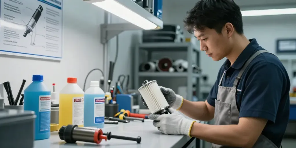 DPF reinigung hannover showcasing a technician examining a spotless diesel particulate filter in an automotive workshop.