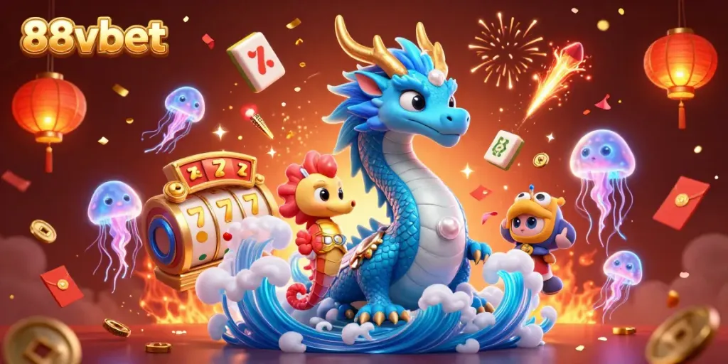 Experience thrilling gaming at 88vbet, showcased by stunning 3D dragon and seahorse characters amid dynamic casino elements.