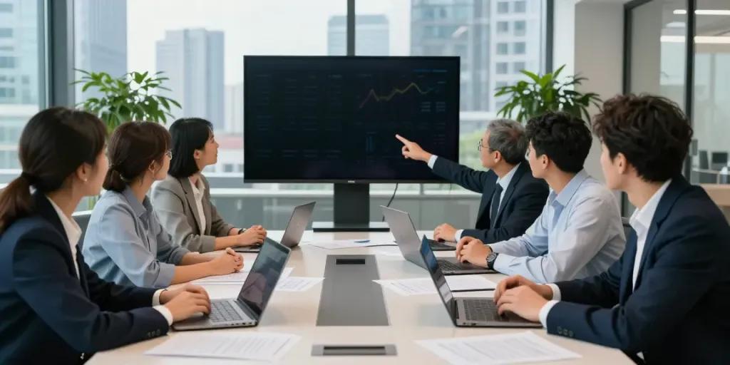 Business team collaborating to get more info on strategies in modern office.