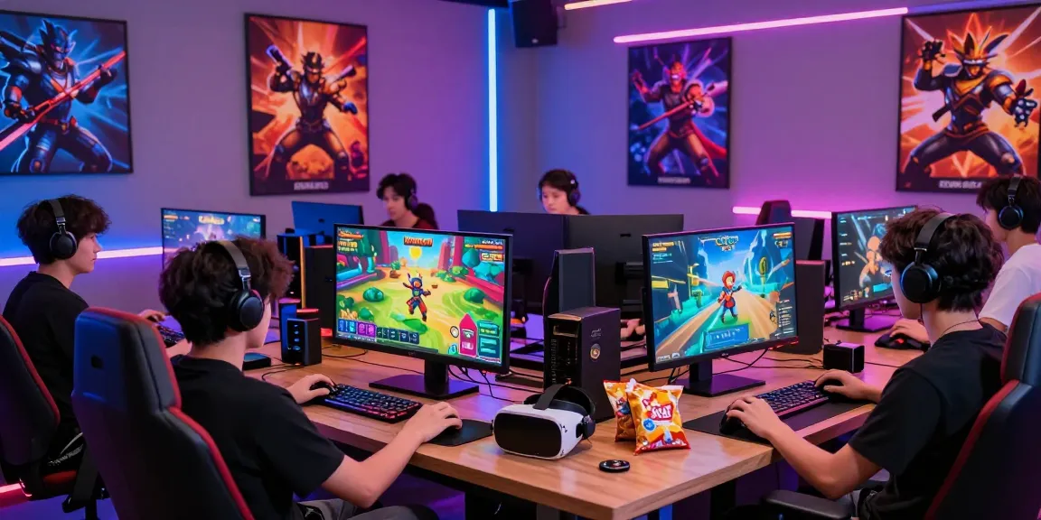 Engaging gamers playing xxx games on multiple devices in a vibrant gaming studio.