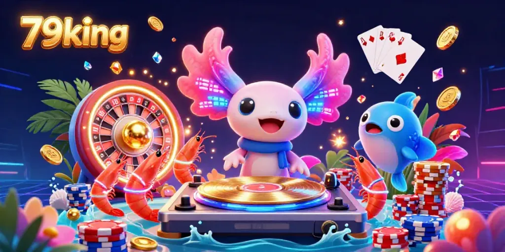 Experience the thrilling atmosphere of 79king with dynamic sea creatures celebrating wins in a colorful casino scene.