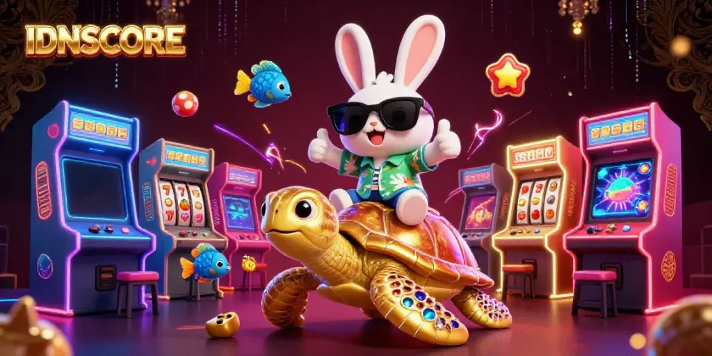 Engage with IDNSCORE at an exciting 3D casino scene featuring a joyful rabbit and golden turtle surrounded by gaming elements.