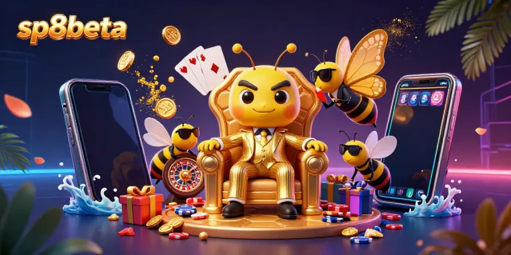 Engage with sp8beta's vibrant online casino atmosphere, featuring a bumblebee mob boss amidst dynamic gaming elements.