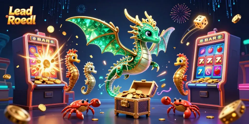 Lead Roedl's vibrant casino-themed adventure featuring a sea dragon amidst jackpots and treasures.