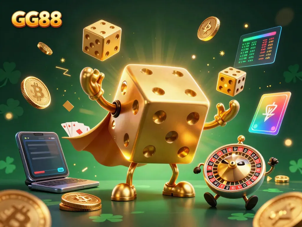 Experience excitement at GG88 while juggling golden dice and crypto treasures in a vibrant digital casino scene.