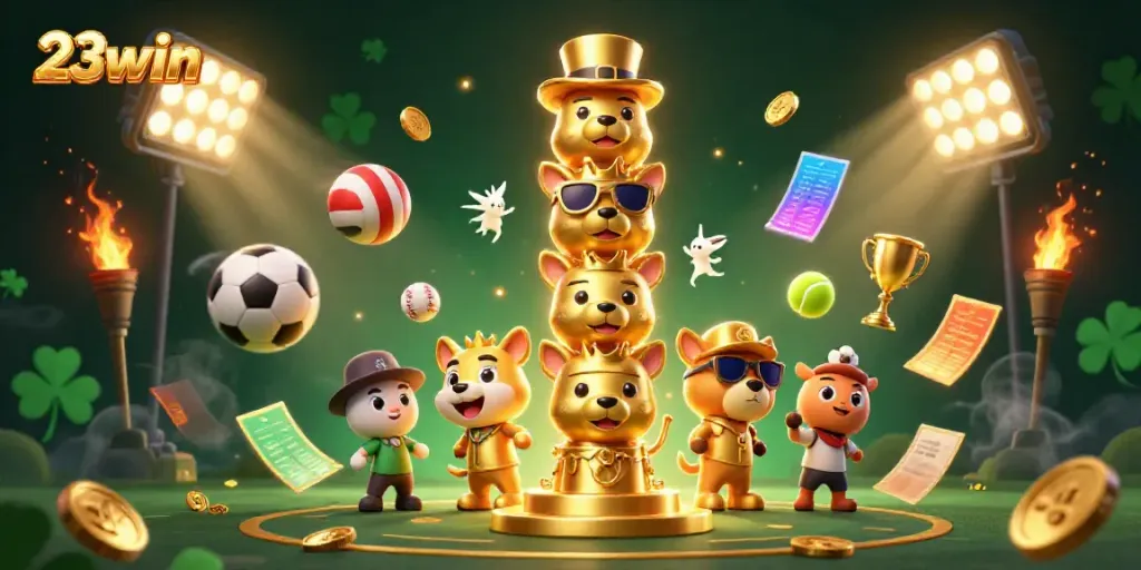Engage with 23win's vibrant casino-themed elements, featuring a dynamic scene filled with sports betting excitement.
