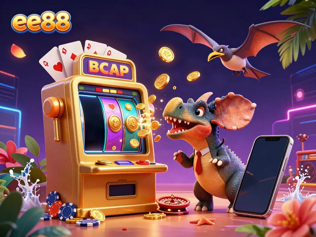 Experience the thrill of ee88 as a pachycephalosaurus collides with a golden slot machine for jackpot coins.