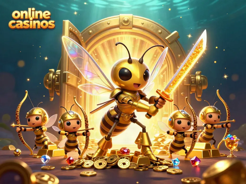 Engage with online casinos through this vibrant 3D scene featuring a hornet samurai and their loyal bee archers.