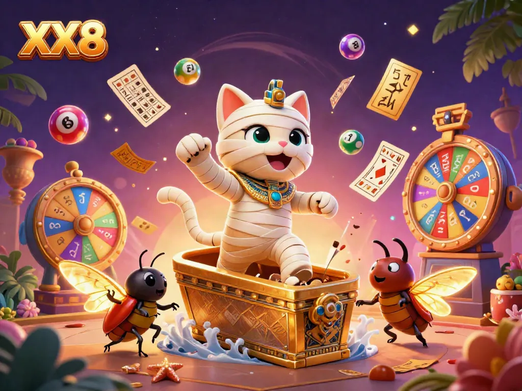 Experience excitement with the XX8 Egyptian mummy cat and vibrant casino elements.