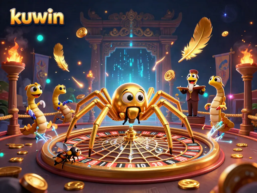 Place bets at kuwin with a 3D spider spinning a roulette wheel web in an immersive casino scene.