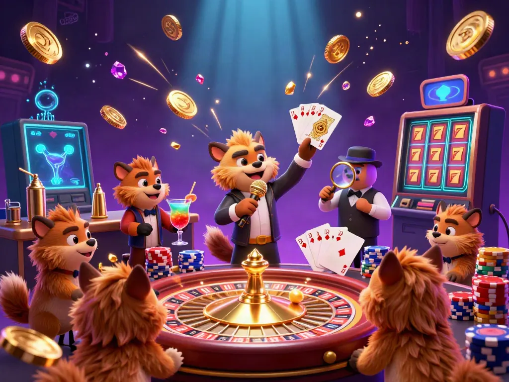 Experience the fun at uu88 with animated hyenas running a vibrant comedy casino, surrounded by gold and gems.
