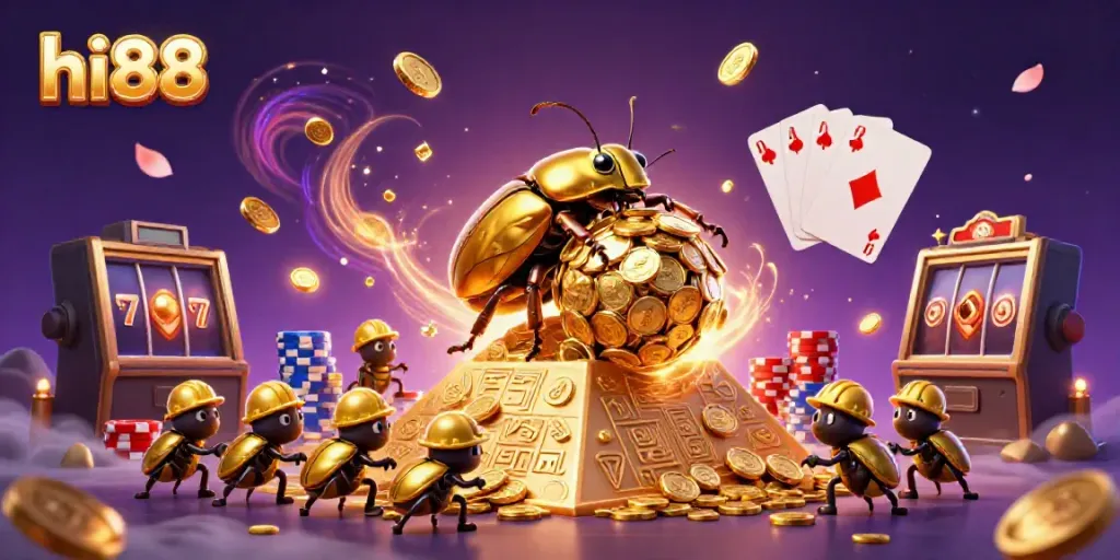 Experience thrilling luck at hi88 with golden beetles and casino wonders in this vibrant 3D illustration.