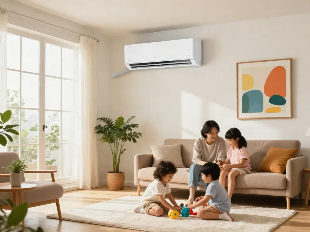 Family enjoying time in a bright living room with a mini split air conditioner ensuring comfort.