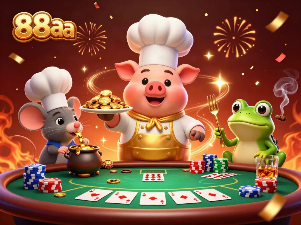 Experience winning thrills at 88aa with chefs and critters celebrating gold in a lively casino scene.