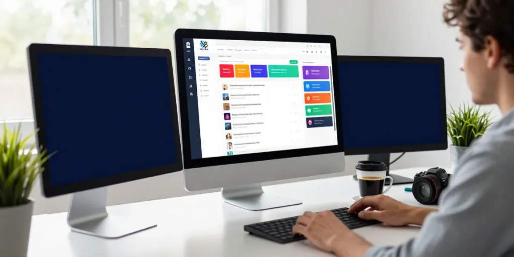 Person navigating link사이트 on a computer in a modern workspace.