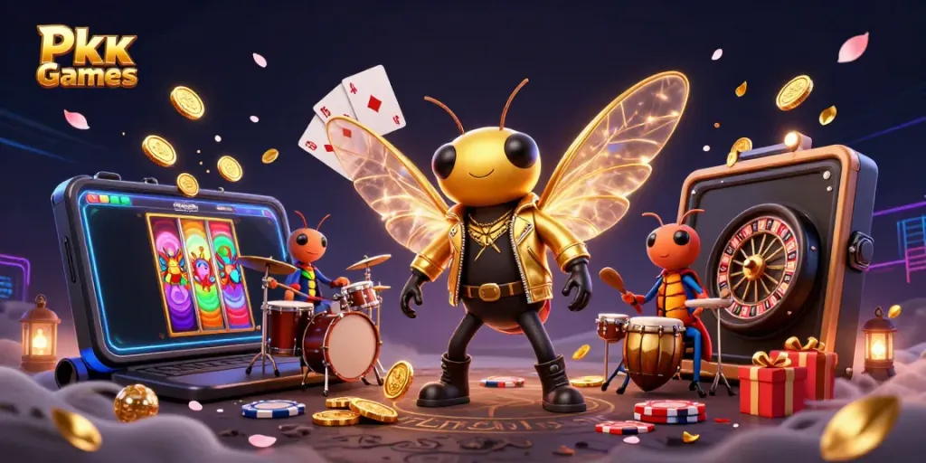 Experience excitement with Pkv Games as a rock star cicada and beetle drummer entertain gamblers.