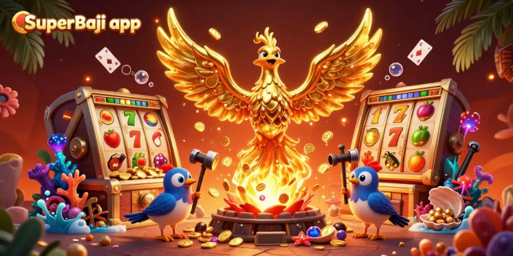 Engaging illustration showcasing the SuperBaji app with a magical phoenix, dynamic casino elements, and vibrant visuals.