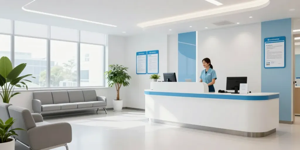 AminoWell research peptides highlighted in a welcoming healthcare environment with patient care elements.