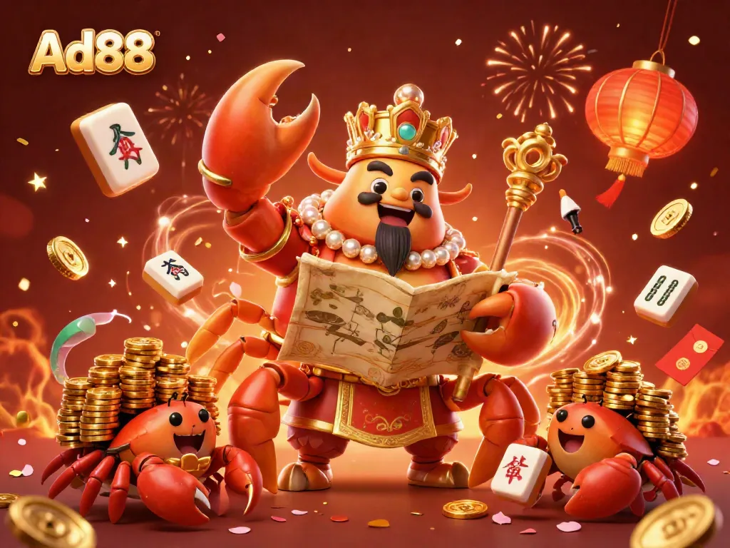 Experience the thrilling energy of Ad88 with a vibrant casino scene featuring a golden crab emperor and festive elements.